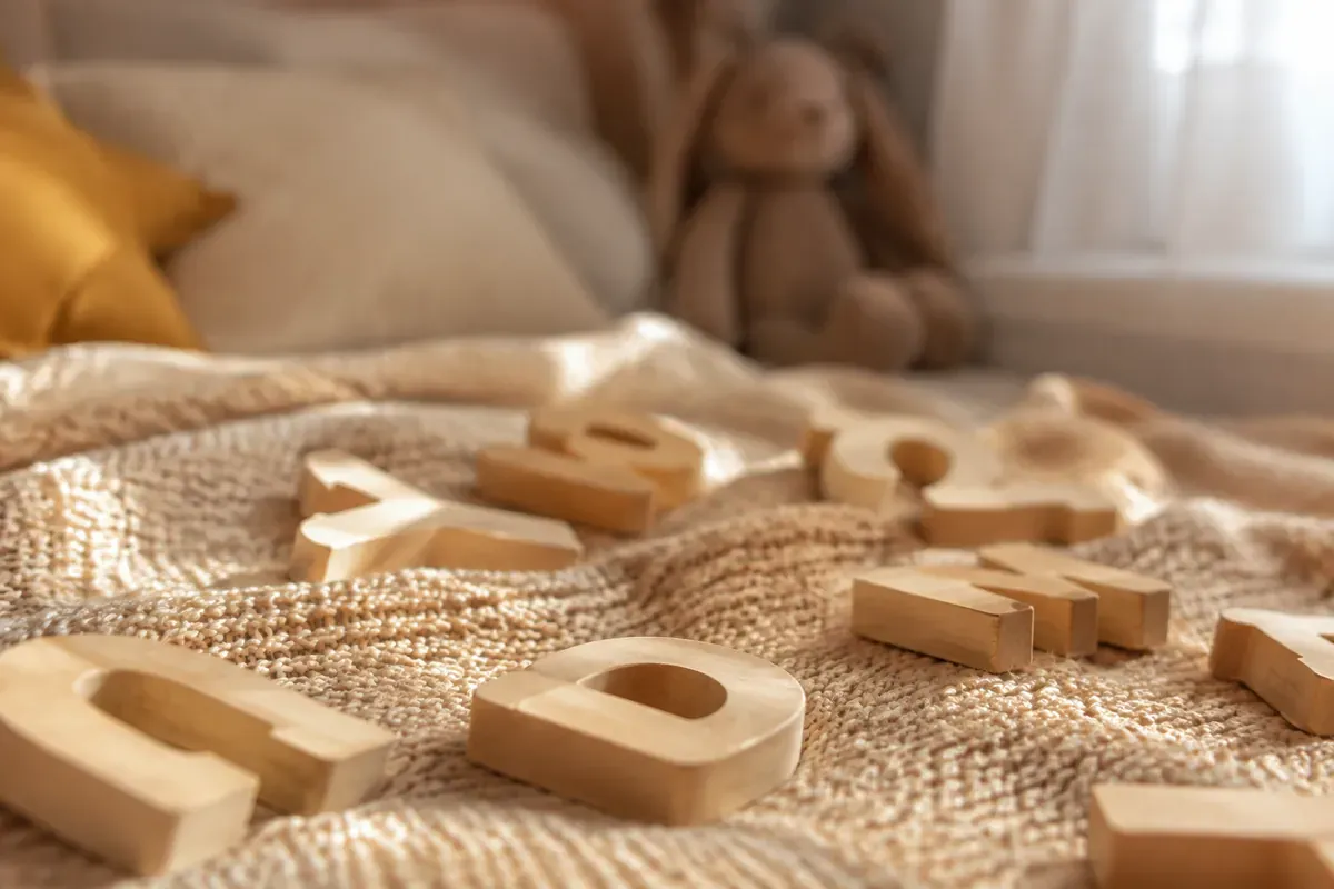 Lettres en bois posees sur une couverture tricotee